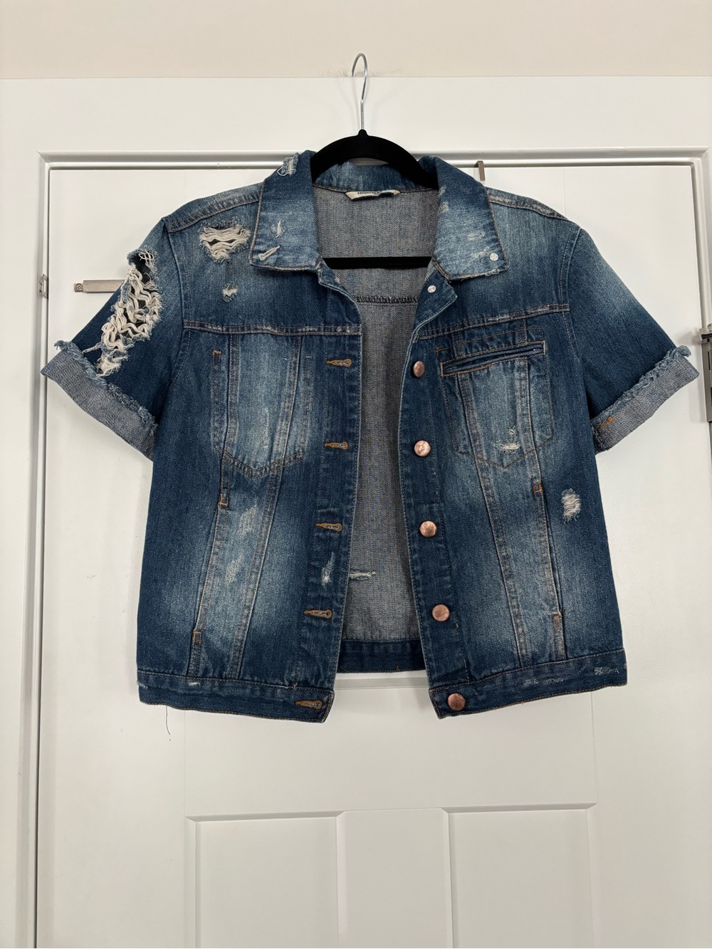 Highway Jeans Short Sleeve Distressed Denim Jacket in Blue